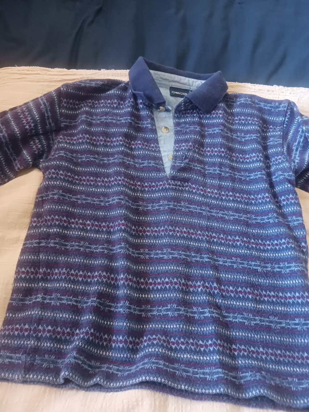 Cherokee Blue Patterned Polo Shirt with Navy Collar Vintage